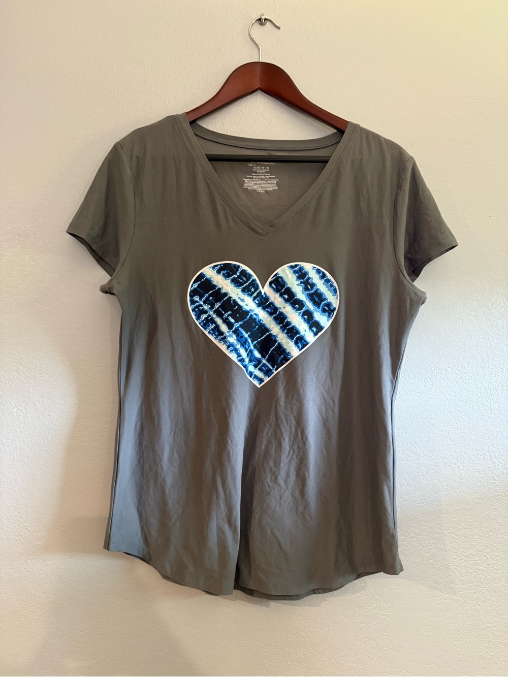No Boundaries Olive Green V-Neck Tee with Blue Tie-Dye Heart